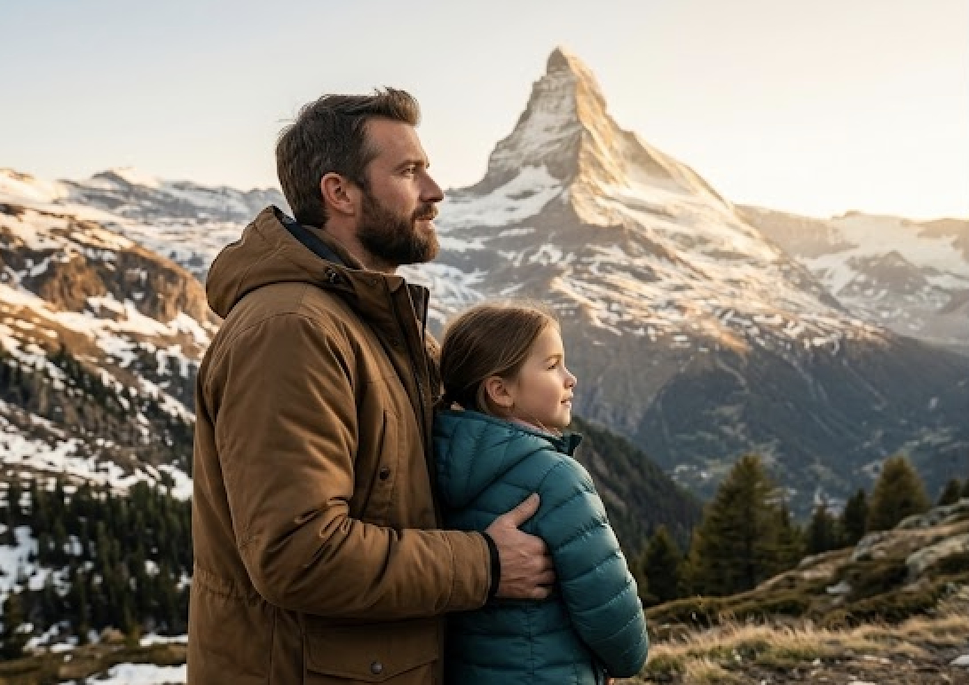 A father and his daughter looking out at a mountain peak at sunrise